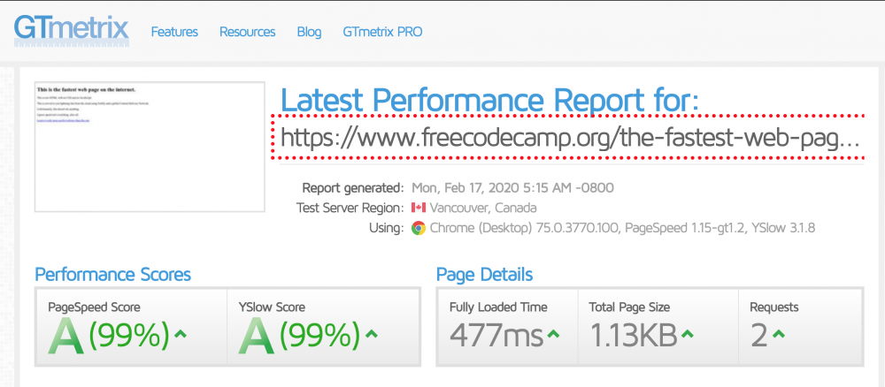 fastest page on gtmetrix